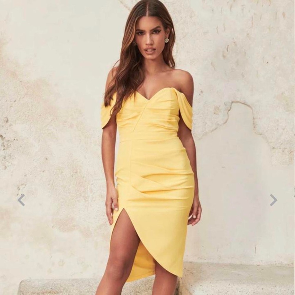 Lavish Alice Pleated Bardot Midi Dress in Lemon Yellow